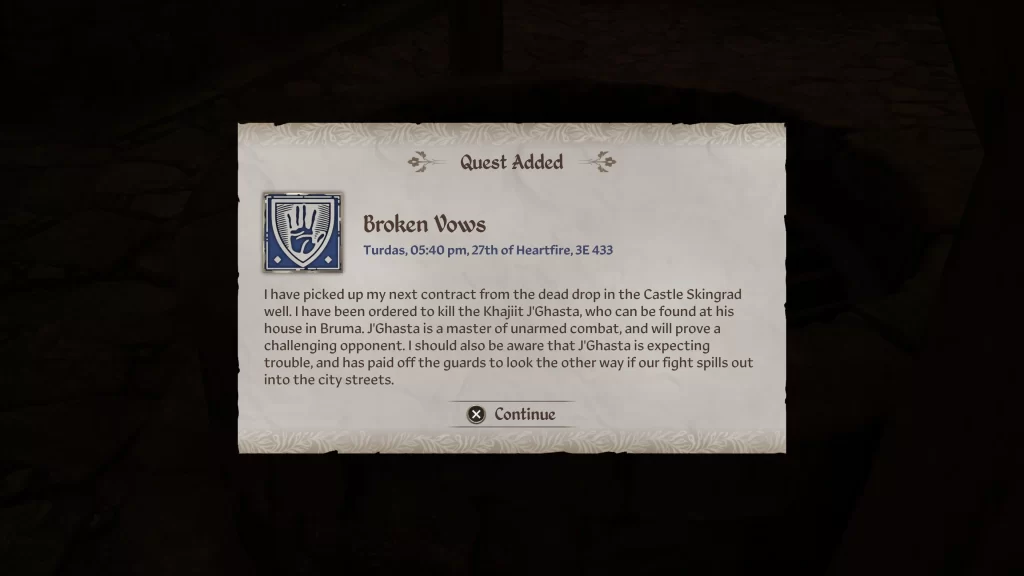 Quest detail for Broken Vows quest in Oblivion Remastered