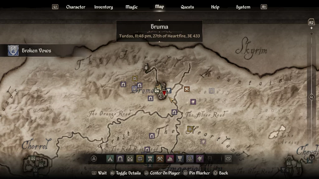 Map location of where to find the target during the Broken Vows quest in Oblivion Remastered