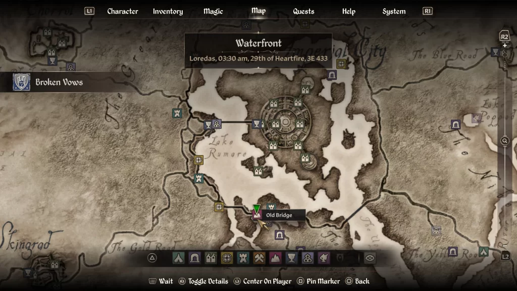 map location of the old bridge during the Broken Vows quest in Oblivion Remastered