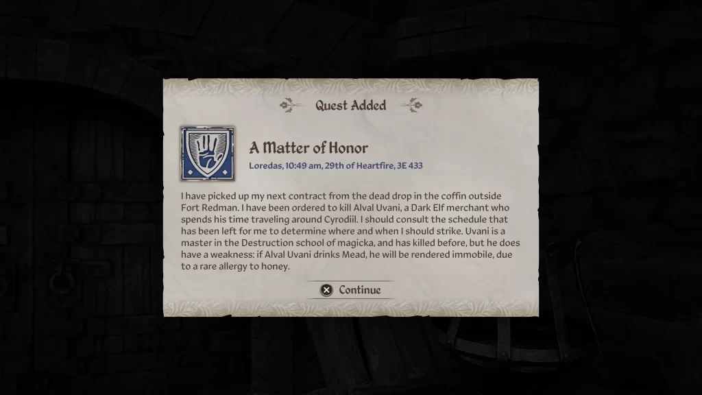 details for the A Matter of Honor quest in Oblivion Remastered