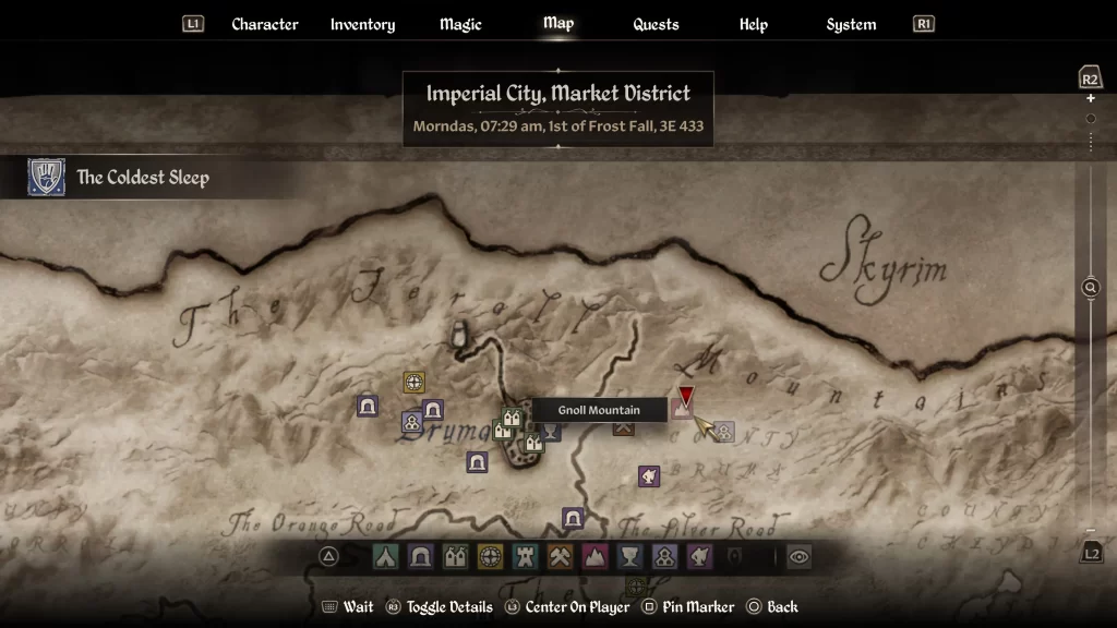map of where to find the Gnoll Mountain during the Coldest Sleep quest in Oblivion Remastered