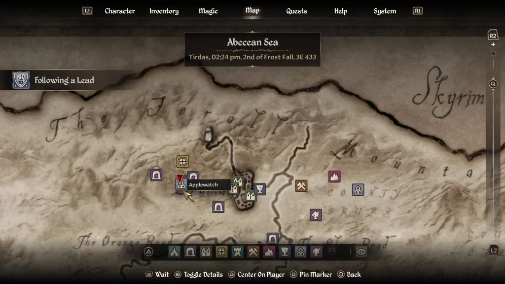 map location for Applewatch during the Following a Lead quest in Oblivion Remastered