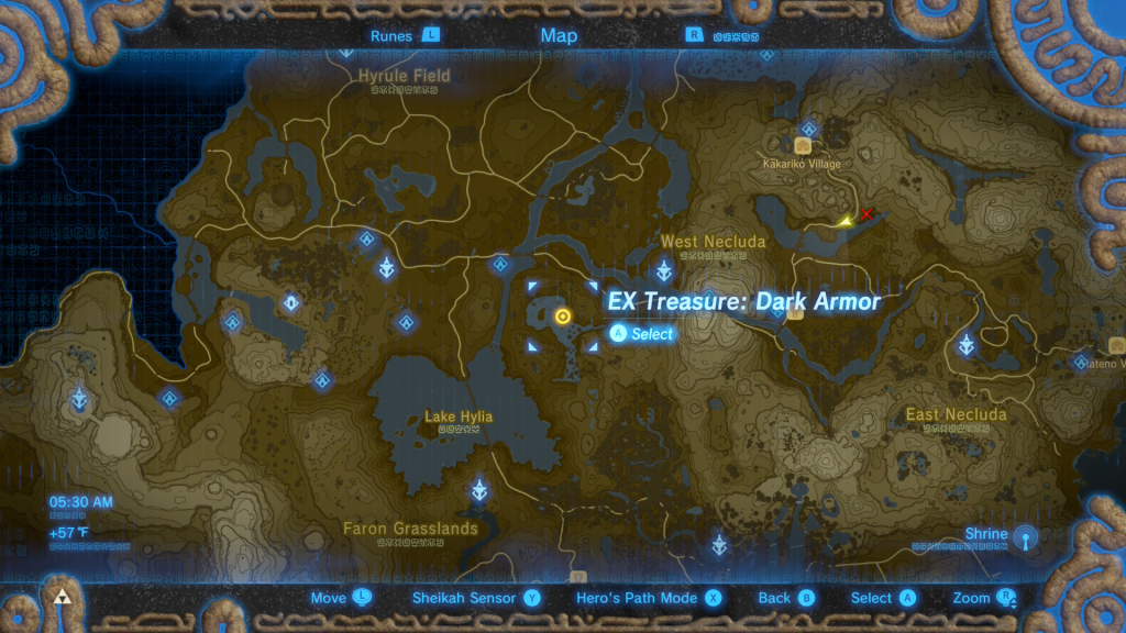 Map location of the Deya Village Ruins during the EX Treasure Merchant Hood Quest in Breath of the Wild