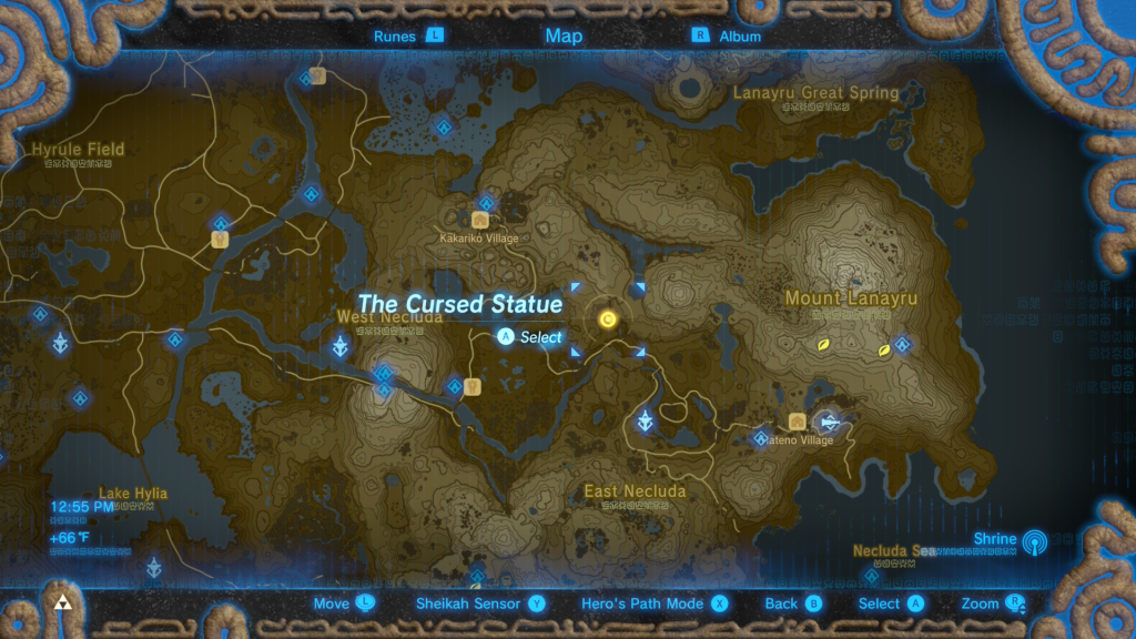 map location of where to find The Cursed Statue Shrine Quest