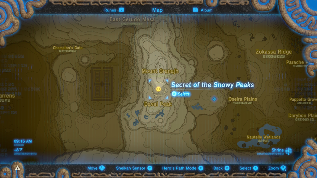 map location of where to start the Secret of the Snowy Peaks Shrine Quest in Breath of the Wild
