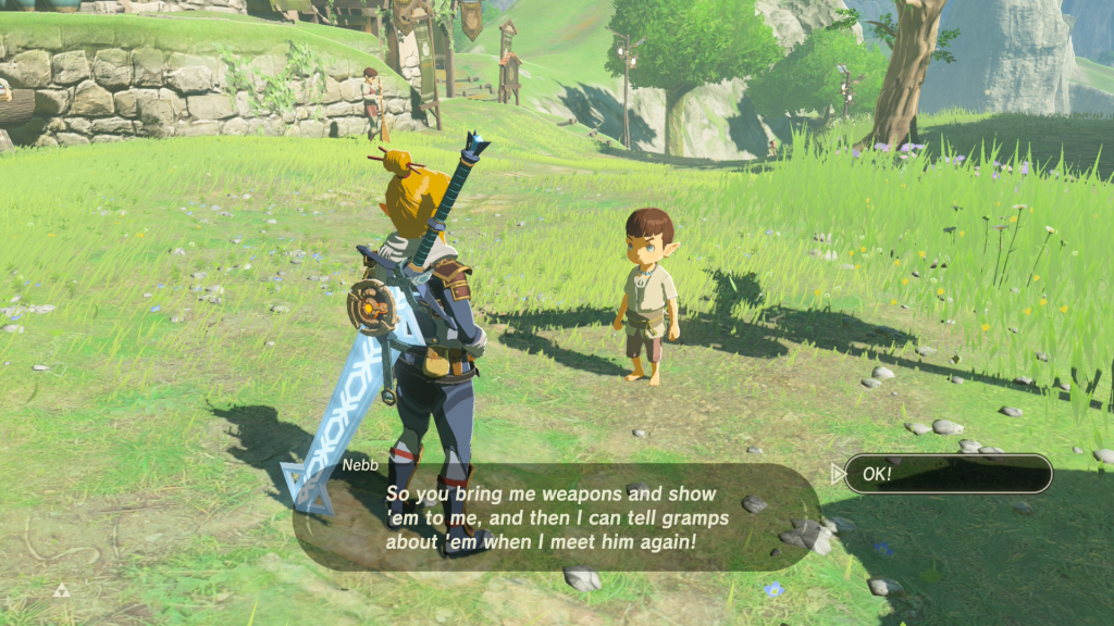 Nebb asking Link to show him weapons