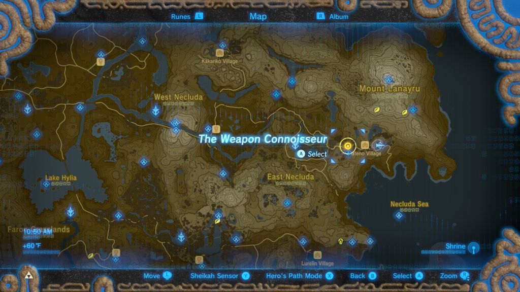 map location of where to start The Weapon Connoisseur Side Quest in Breath of the Wild