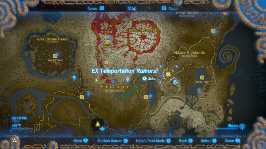 map location on where to start the EX Teleportation Rumors Quest in Breath of the Wild