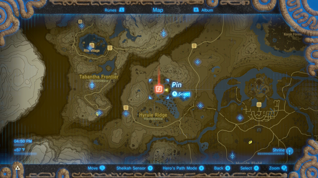 map location of where to start the Trial of Thunder Shrine Quest in Breath of the Wild