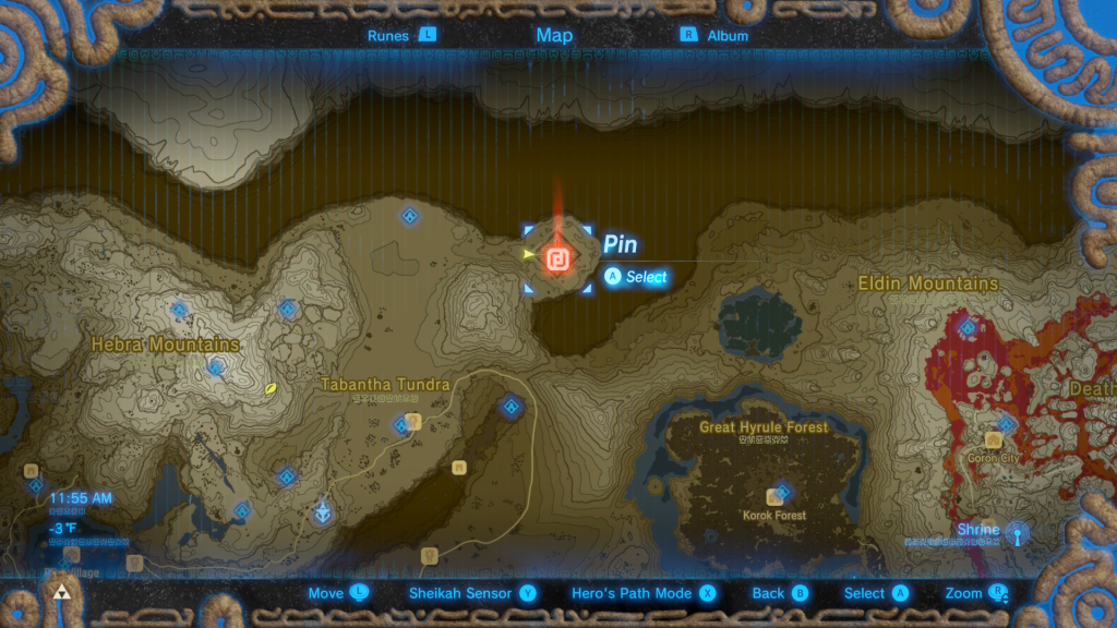 map location of where to start the Trial on the Cliff Shrine Quest in Breath of the Wild