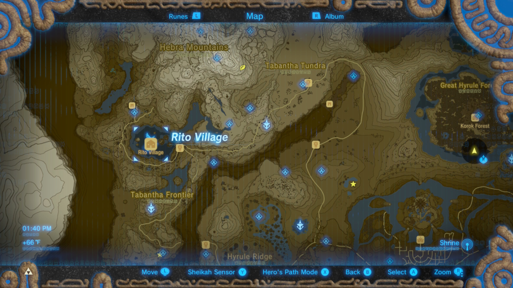 map location of where to find the Rito during the From the Ground Up Quest Guide in Breath of the Wild