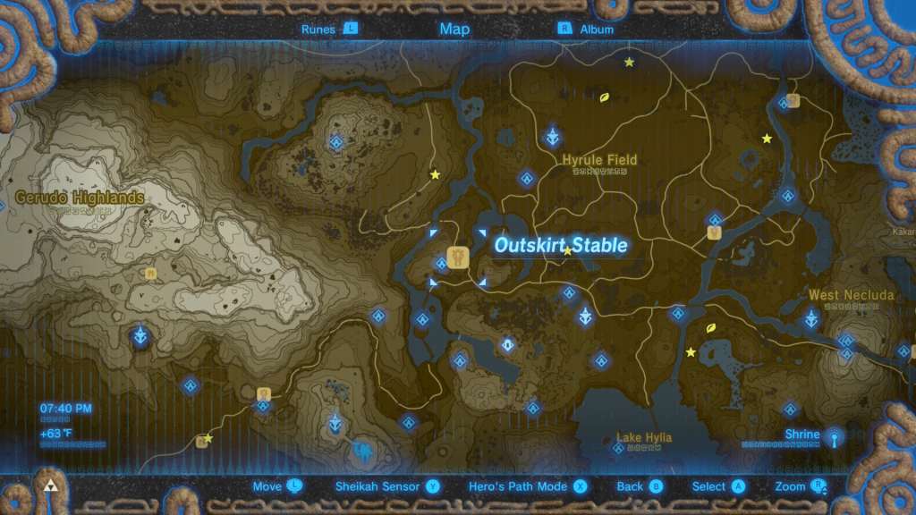 map location of the Outskirt Stable during The Royal White Stallion Side Quest in Breath of the Wild