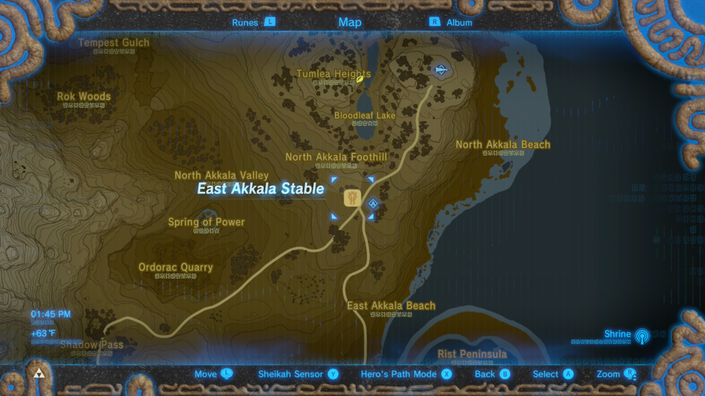 Map of where to start the Spring of Power Shrine Quest in Breath of the Wild