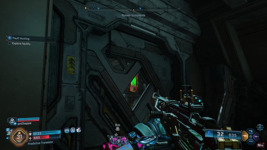 shoot the green cylinder inside the faulty door