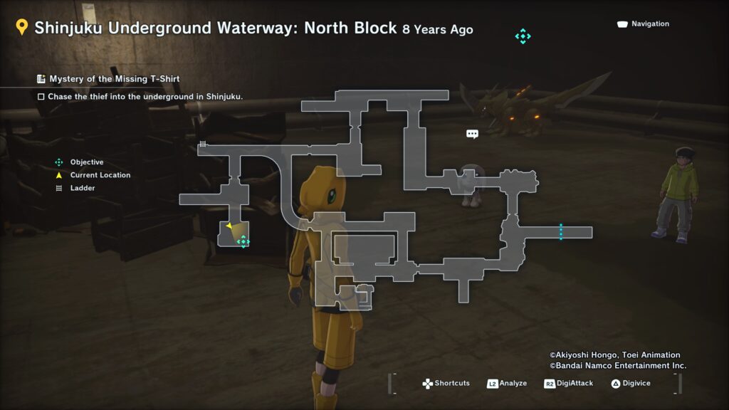 Monster location in Shinjuku Underground Waterway: North Block during the Mystery of the Missing T-Shirt Side Mission in Digimon Story Time Stranger