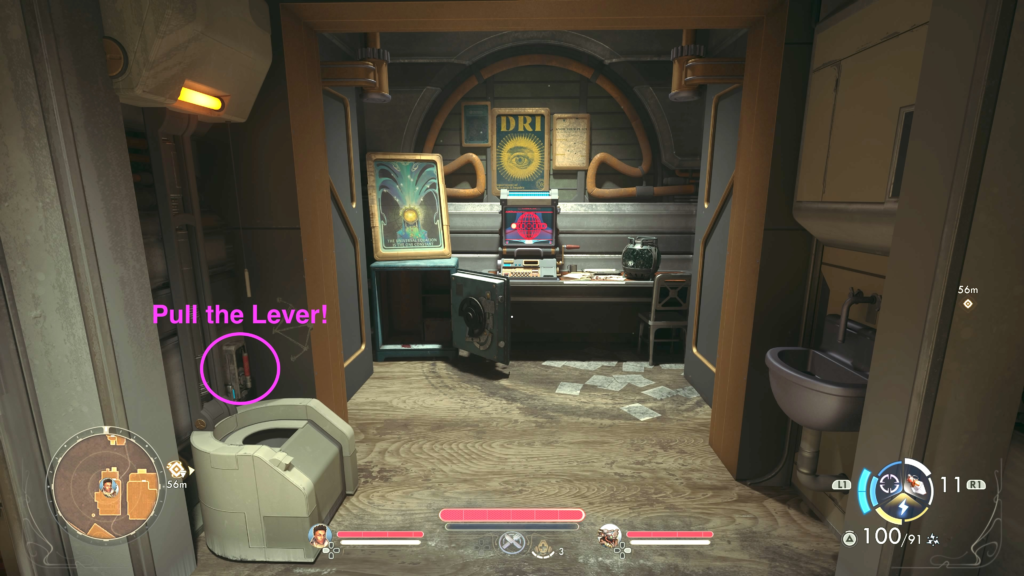 Pull the lever by the toilet to reveal a hidden room