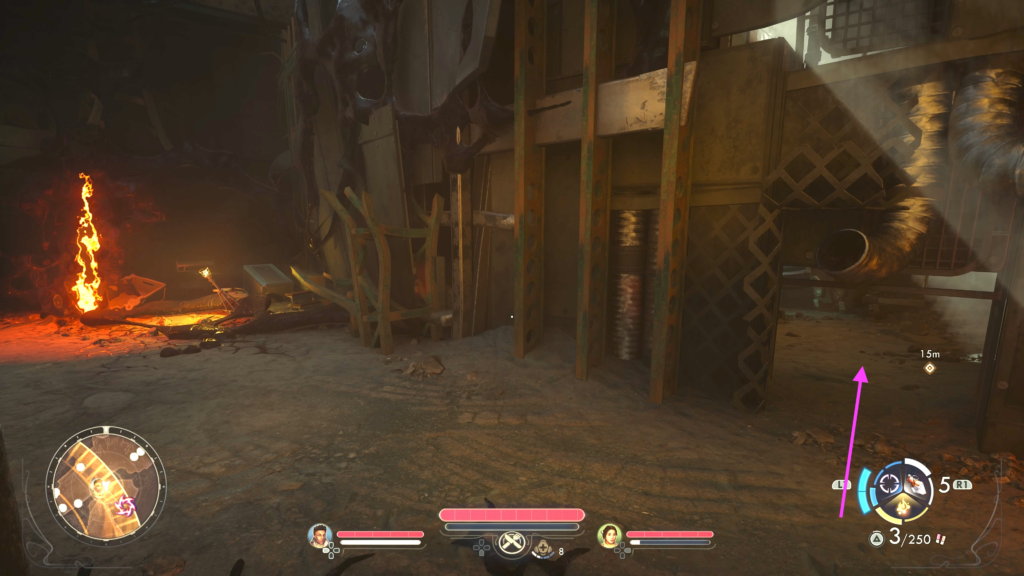 crouch through opening near rift