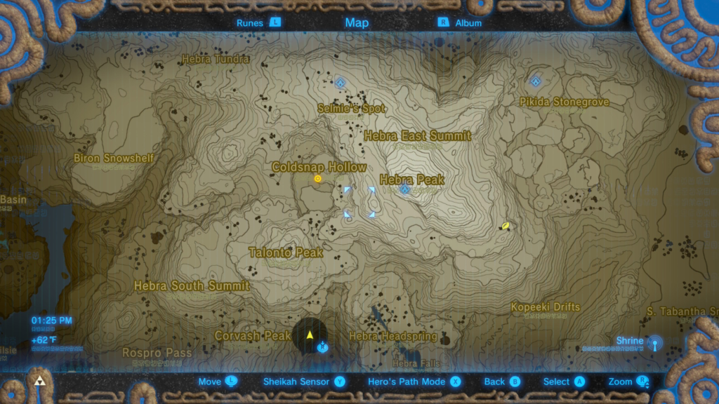 map location of where to find the Frost Talus during the Face the Frost Talus Side Questin Breath of the Wild