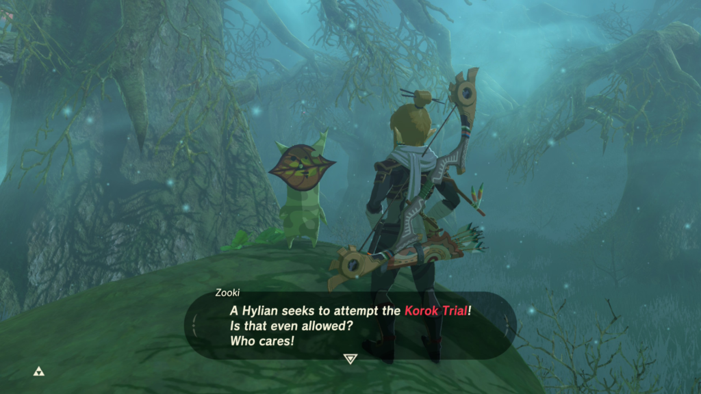 Speaking with Zooki during the Trial of Second Sight Shrine Quest in Breath of the Wilds