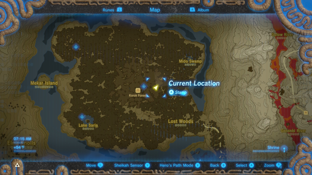 Map of where to start the Test of Wood Shrine Quest in Breath of the Wild