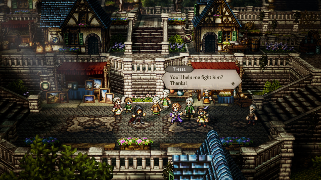 Speak to the busy shopkeeper to initate fight against hooded man