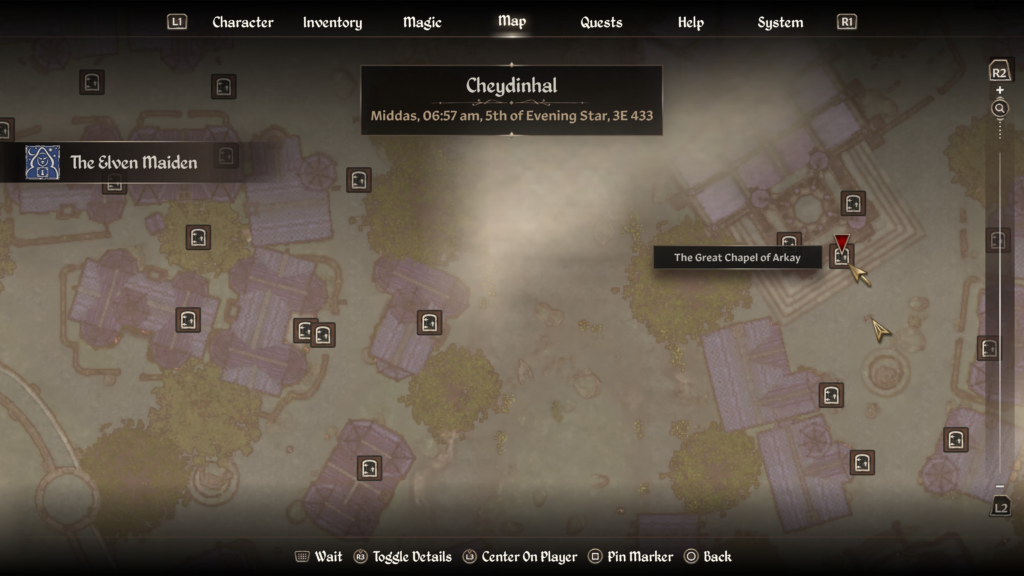 map location of the Great Chapel of Araky during the Elven Maiden quest