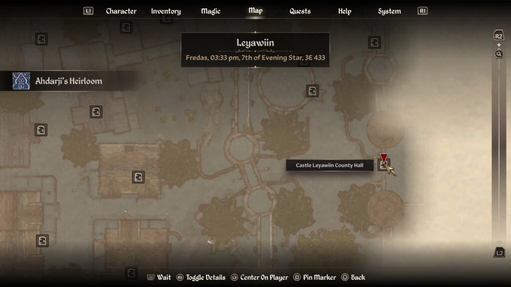 map location of Leyawiin county hall during the Ahdarji's Heirloom quest