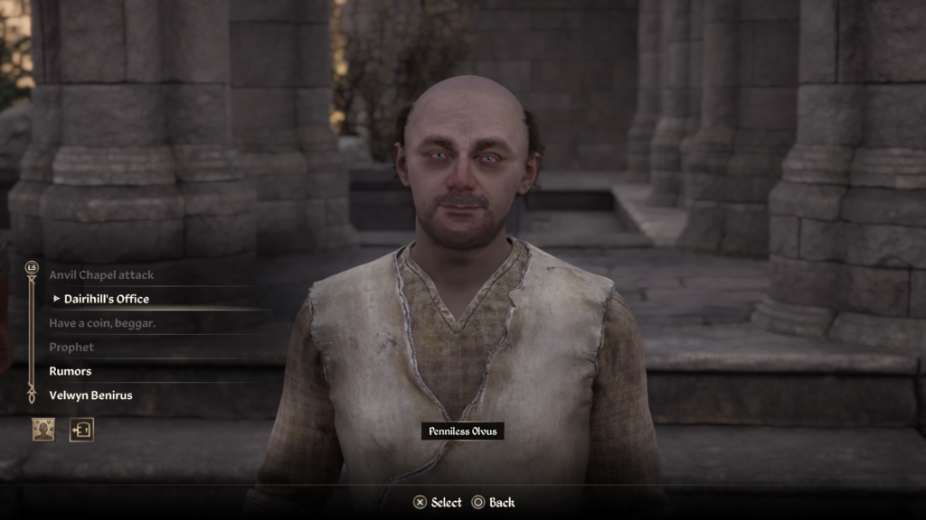 Speaking with Penniless Olvus for some intel