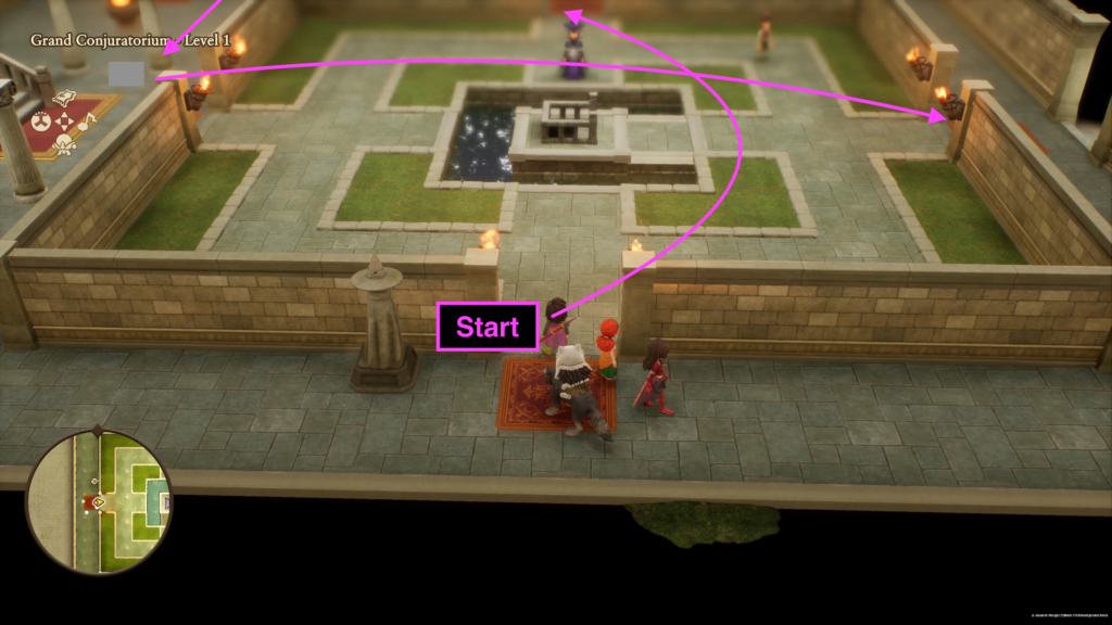 how to enter the Grand Conjuratorium: Hidden Room from the stairs surrounded by water on Grand Conjuratorium - Level 1